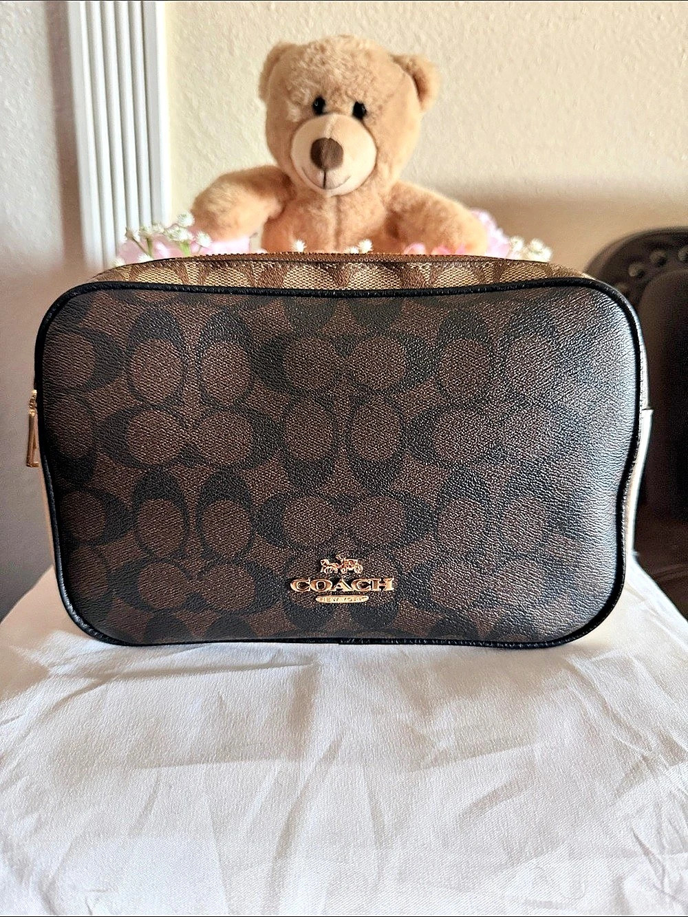 Coach Double Zip Crossbody In Signature Canvas Brown & White